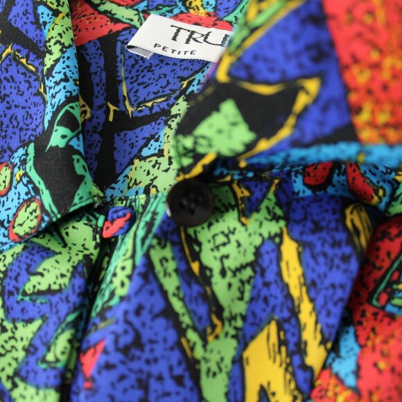 Truffles vintage 80' button down blouse top abstract retro print petite S M - Picture 5 of 7